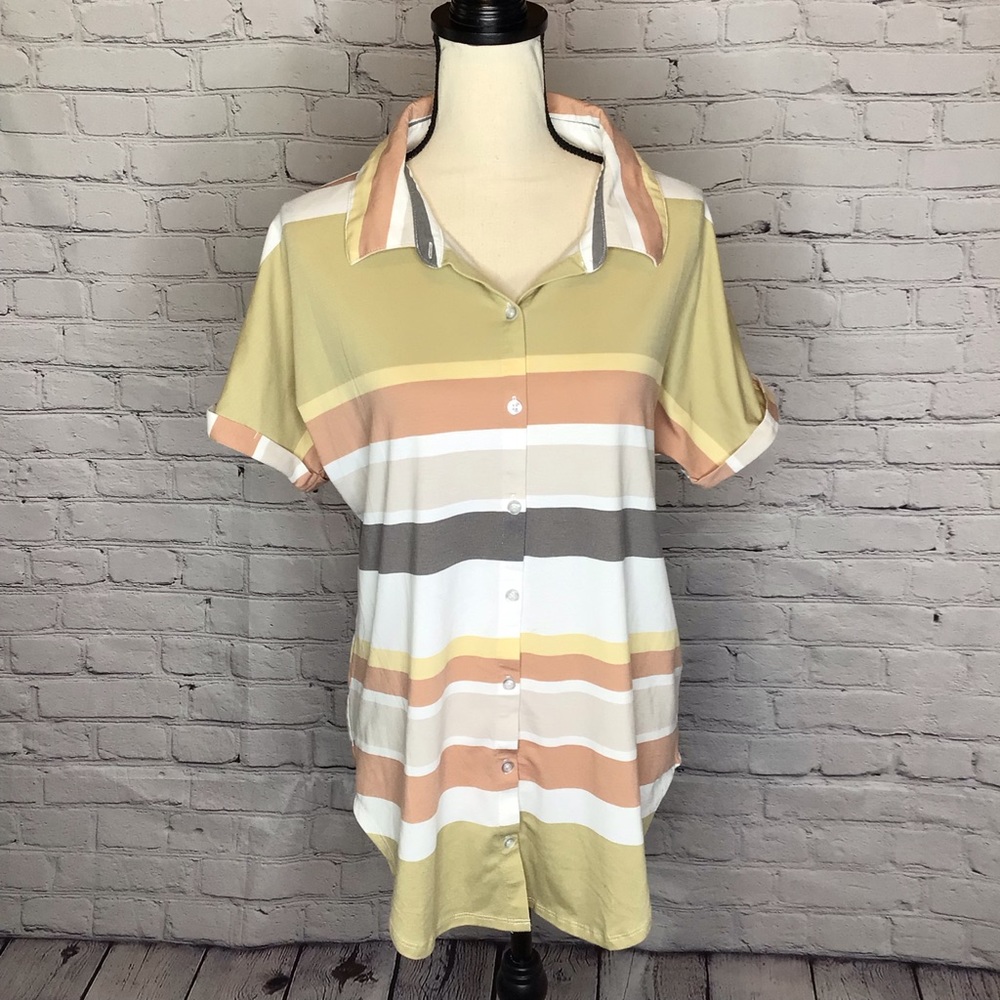 LuLaRoe Short Sleeve Casual Button Up Charlie Shirt Green Cream Gray Striped S